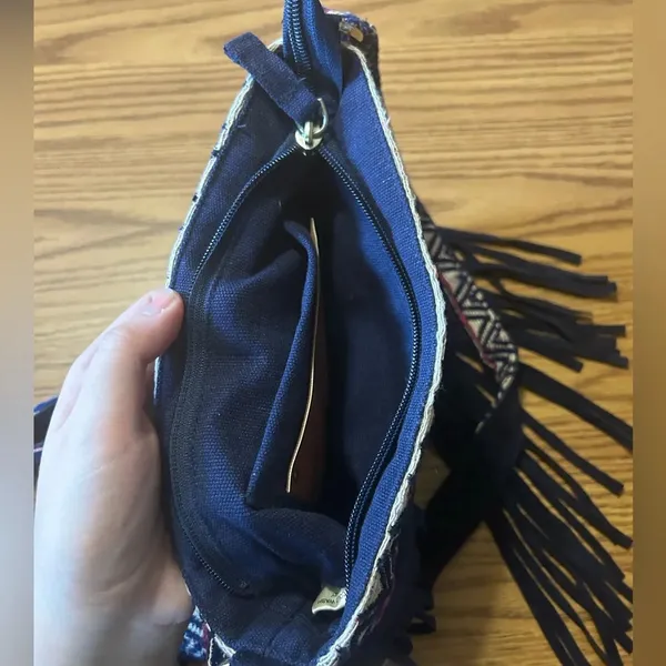 Raj Vegan Leather Navy Fringe Purse Crossbody Boho Western Woven Embroidered Bag - Image 5