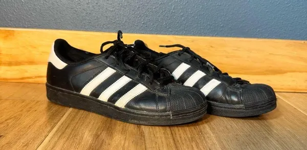 Adidas Shell Toe Leather Black and White Stripe Sneakers Men’s Size 6.5/Womens 8 - Image 2
