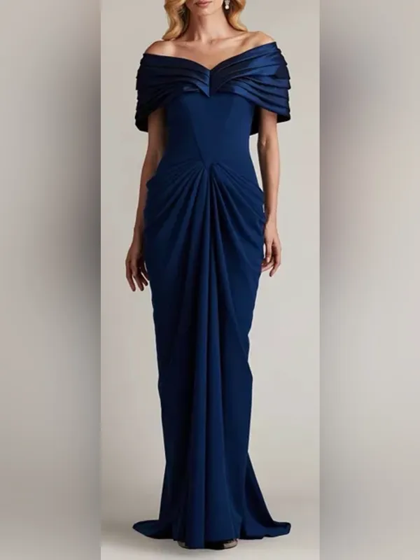 NEW Tadashi Shoji Seraphine Pleated Portrait Collar navy blue Gown Sz 14 - Image 2