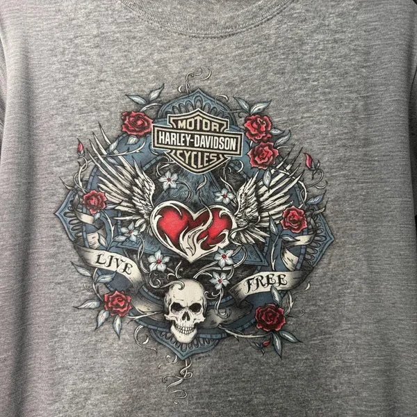 Harley-Davidson 2014 Skull Rose Heart Y2K Wing Short Sleeve Shirt Size XL - Image 6