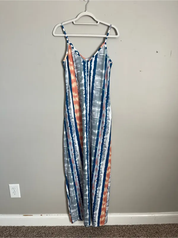 Blue Striped Spaghetti Strap Maxi Dress Sz M Size M - Image 2