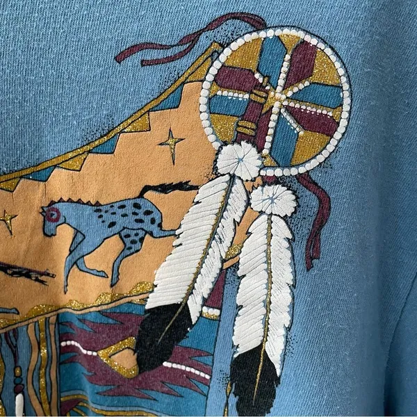 Vintage 80s Single Stitch Diamond Dust Native American Indian Horse Tshirt L - Image 5