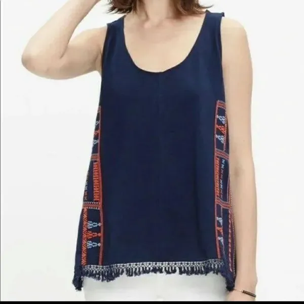 Madewell Cream And Navy Boho Embroidered Relaxed Tank With Fringe M - Image 7