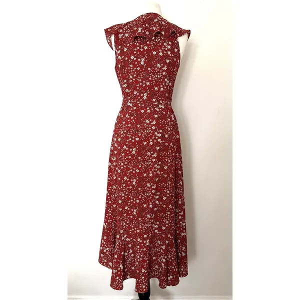Max Studio Rust Floral Ruffle High Low Wrap Midi Dress Romantic Boho Summer Sz S - Image 3