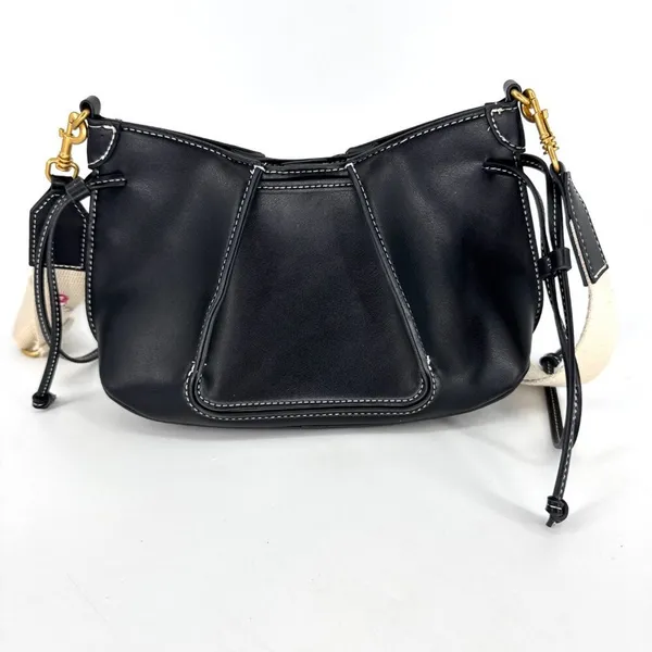 Zara Faux‎ Leather Pleated Crossbody Bag Black with Canvas Strap Black - Image 4