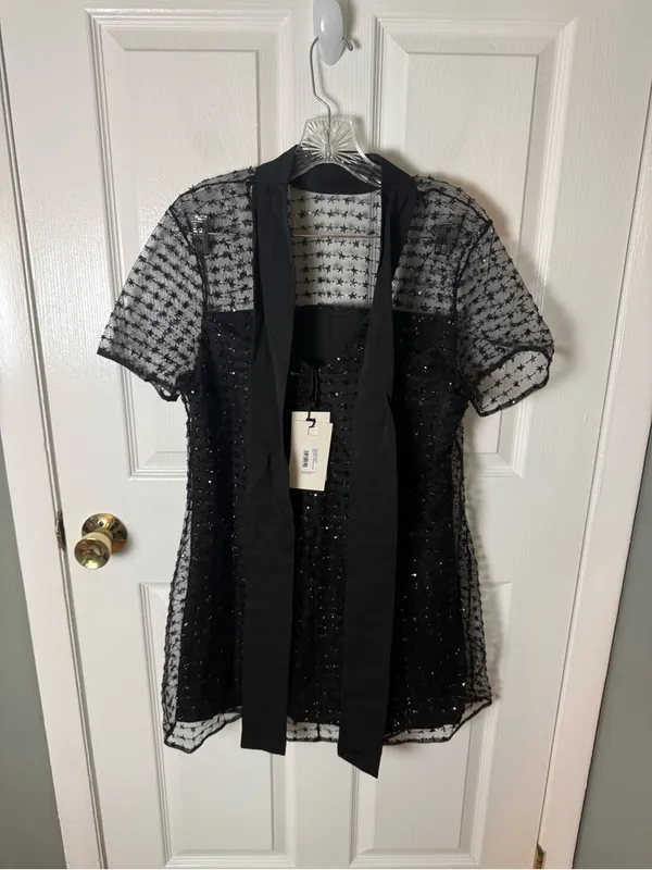 Staud Mini Ilana Dress in Stardust Onyx Black L - Image 4