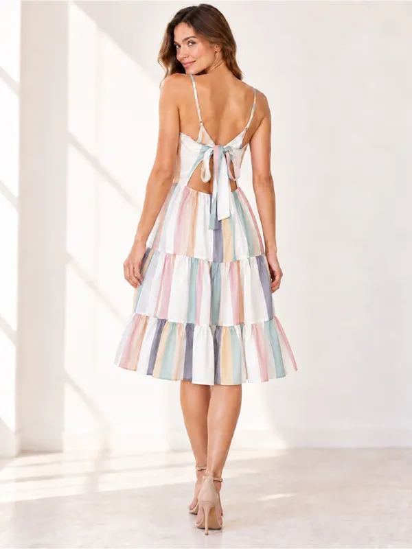 NWT Japna Pastel Stripe Tiered Midi Sundress Open Back Tie Bow Cami Boho S vacay - Image 2