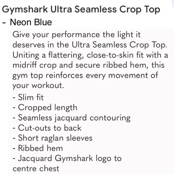 GYMSHARK Neon Blue Ultra Seamless Crop Top Size S - Image 13
