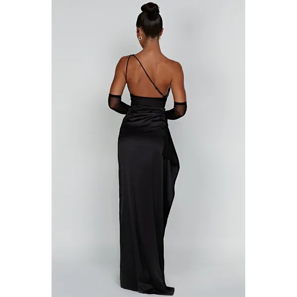 Babyboo Ariel Dress Black One Shoulder Ruched Satin Gown Size Medium NWT - Image 2