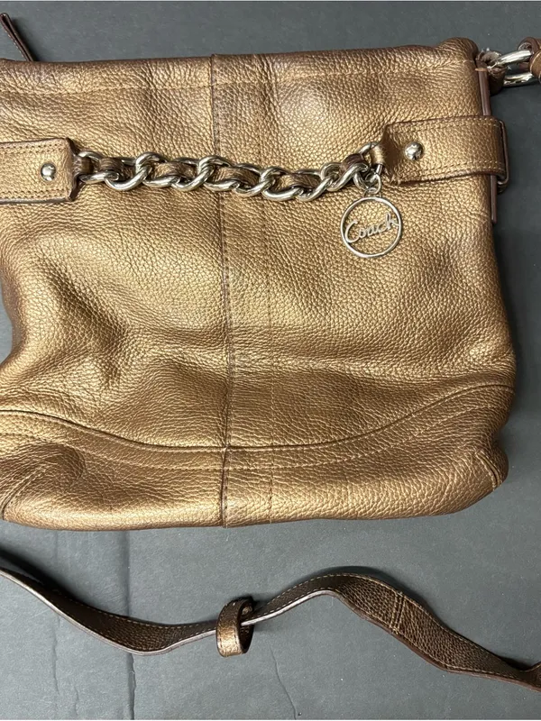 Coach Metallic Bronze Leather Shoulder Bag with Chain Detail - Image 2