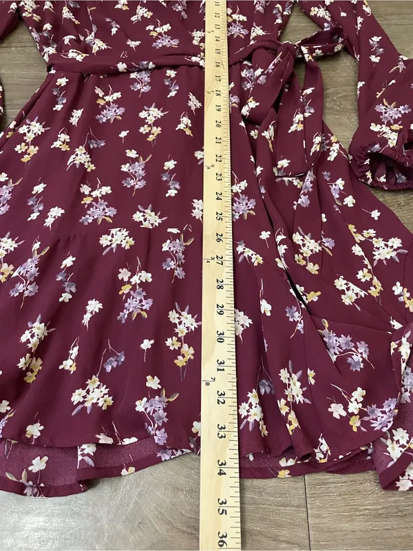 Mi Ami Long Sleeve Floral Mini Dress Size M Maroon Surplice Tie Waist Boho Chic - Image 12