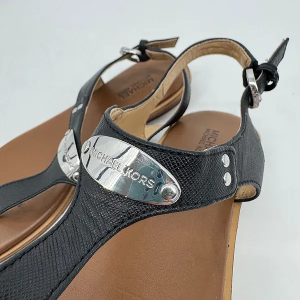 Michael Kors Women's MK Plate Logo Thong Flat Sandal Black Leather Size 6‎ - Image 2