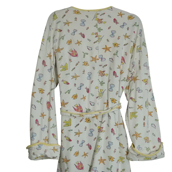 Vintage Prima Donna Cotton Robe Small Fish Starfish Print Yellow Trim Beach 90s - Image 8