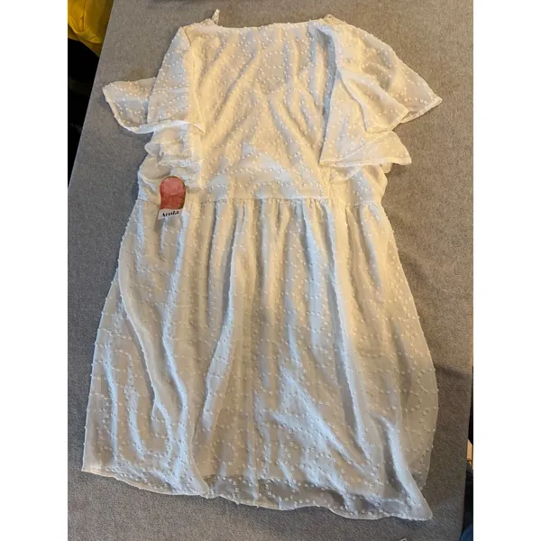 Arula White Swiss Dot Mini Dress NWT Size B 2X V-Neck Ruffle Sleeve Ivory - Image 4