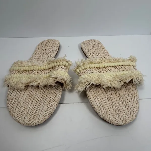 Woven Straw Slide Sandals Beige Fringe Pom Pom Trim‎ Flat Beach Size 10 - Image 2