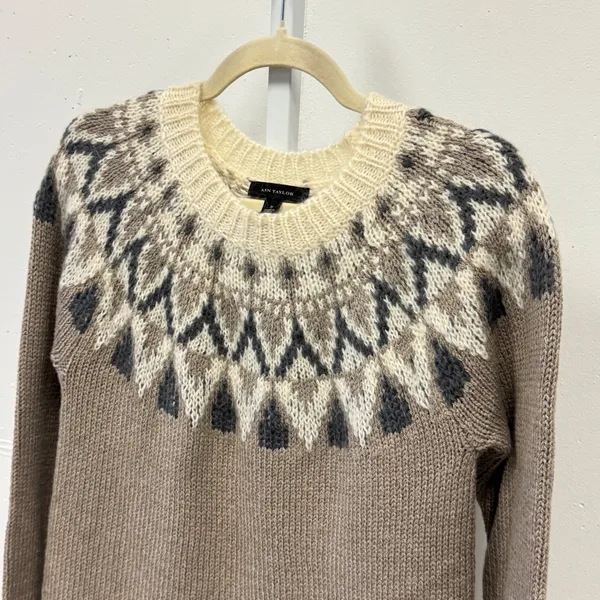 Ann Taylor Fair Isle Wool Mohair Blend Sweater Camel Grey White Small‎ - Image 5