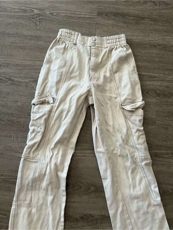 RSQ Wide Leg Baggy Pants Womens Medium Ecru Cargo Elastic Waist Cotton Utility - Image 4