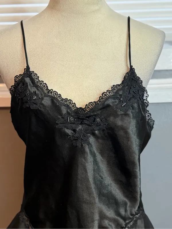 Black Satin Lace-Trim Camisole Slip with Sheer Ruffle Hem - Image 4
