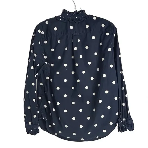 J. Crew Women's Size 6 Blue Polka Dot Ruffle‎ Neck Button-Up Shirt - Image 10