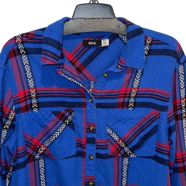 BDG Womens Flannel Long Sleeve Button Down Shirt Blue‎ Red Size Medium - Image 3