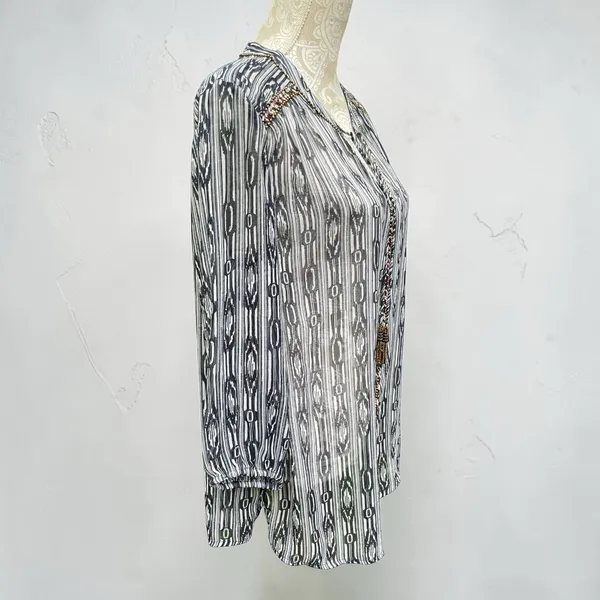 Charter Club Sheer Beaded Tassel Tunic Top XL Coastal Cowgirl Boho Navy White - Image 4