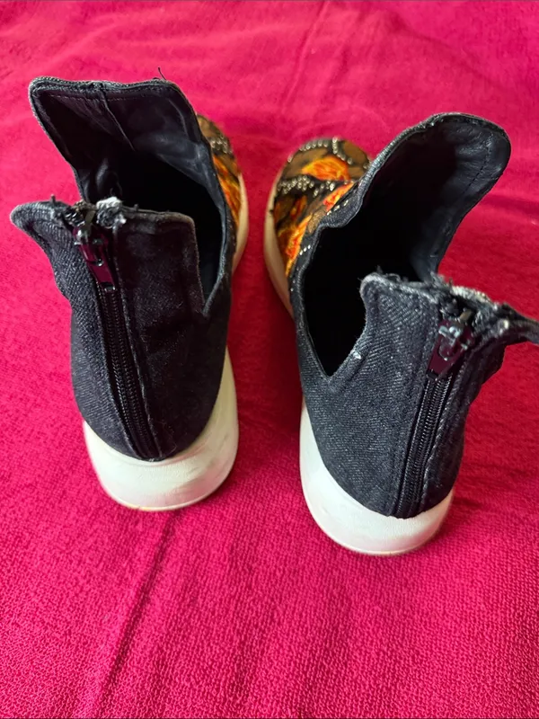 Jeffrey Campbell Black Slip-On Sneakers with Orange and Yellow Floral Embroidery - Image 2