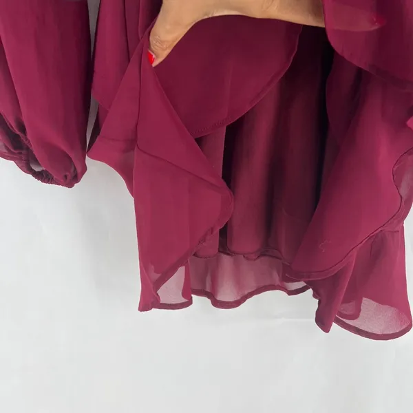 Altar'd State Mini Dress Womens M Red Tie Waist Balloon Sleeve Ruffle Wrap Front - Image 8