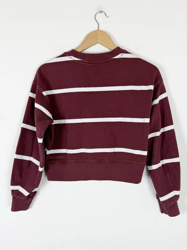 Lululemon Perfectly Oversized Cropped Crew Maroon White Striped Sweatshirt - Image 3