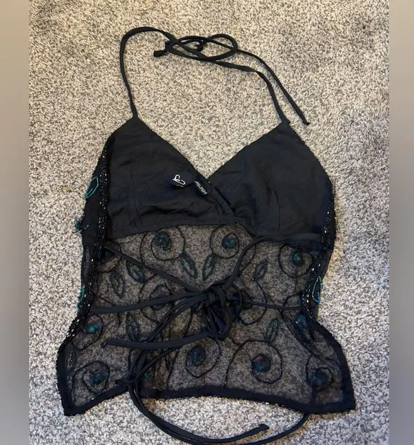 Backless Beaded Halter Top Black - Image 2