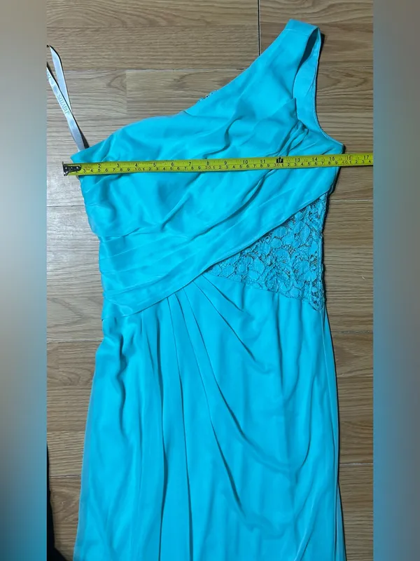 David’s bridal Malibu blue one-shoulder floor length, lace inset @one waistline. - Image 8