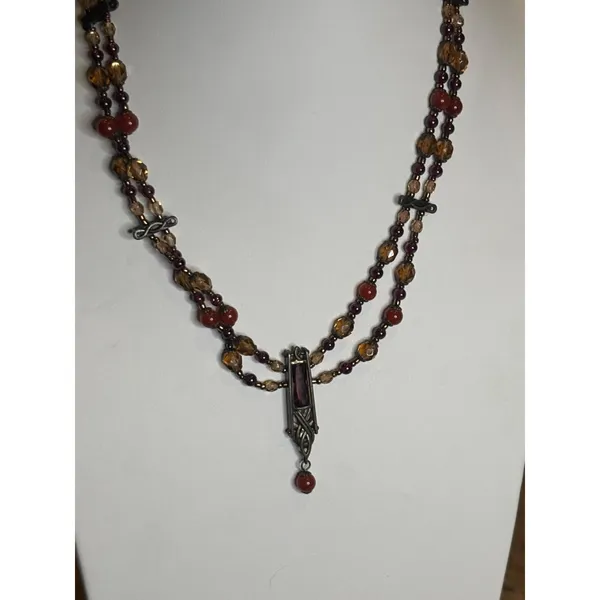 Vintage Multi-Strand Necklace With Red & Amber Beads Bronze Pendant & Chain Intr - Image 8