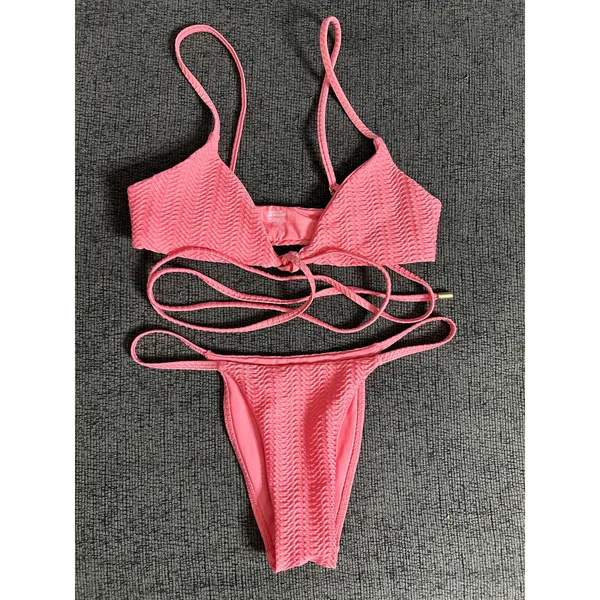 Monday Swimwear St.martin Bikini Top Bottom Set Textured in Azalea Pink size P/S - Image 4