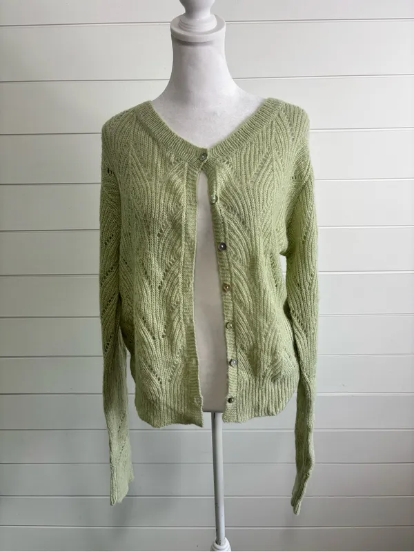 Crescent Wool Mohair Blend Saga Green Open Knit Cardigan Sweater Button Front - Image 3