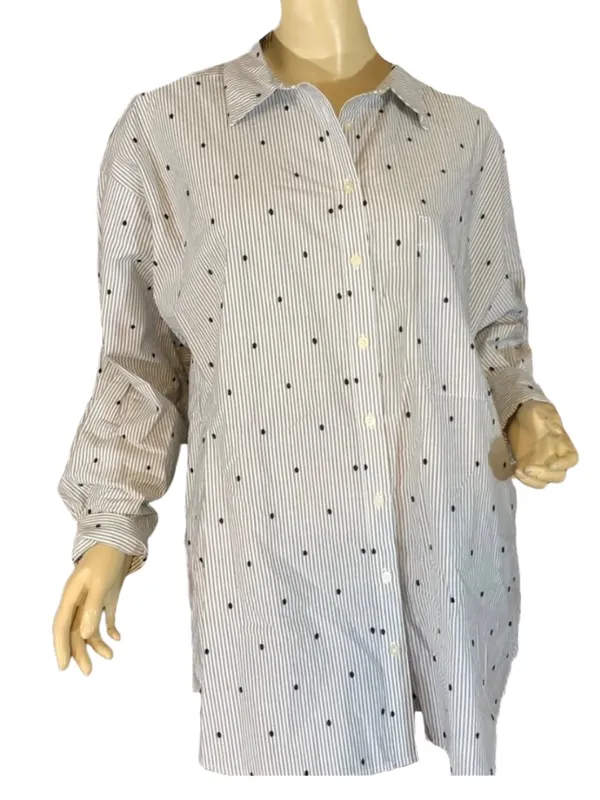 Loft Gray, Black & White Stripes & Polka-Dot Cotton Button Down Top (L) - Image 2