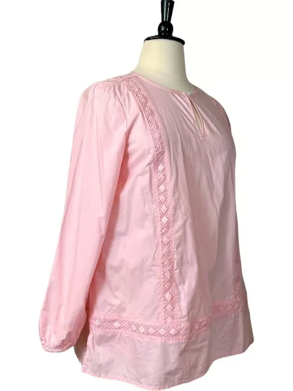 Lands’ End Pink Long Sleeve Lightweight Lace Eyelet Trim Cotton Tunic Top - Image 4