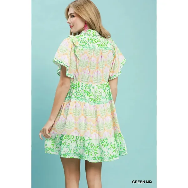 Umgee Mixed Floral Tiered Mini Dress with Flutter Sleeves - Green Mix - Medium - Image 4