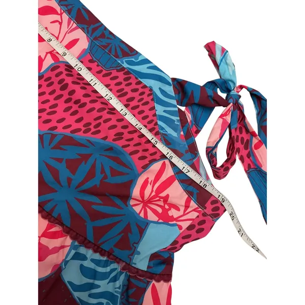 Umgee Womens Tropical Bird Print Tiered Mini Dress Pink Blue Tie Strap‎ Medium - Image 5