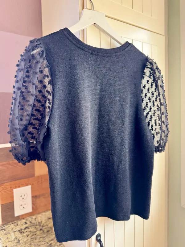 Maeve Anthropologie Swiss Dot Sheer Puff Sleeve Top Mixed Media Black Small - Image 4