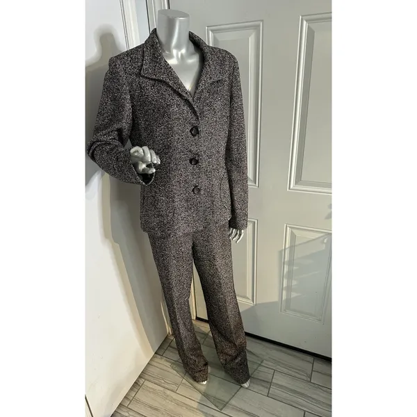 Vintage Carlisle Black White Marled tweed herringbone Pant Suit Wool Blend 12 - Image 8