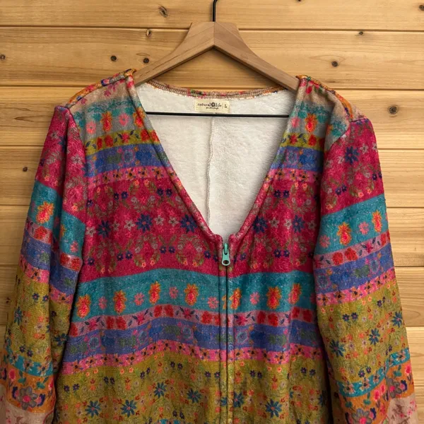 Natural Life Large Colorful Bohemian Fair Isle Print Fleece Zip Up One Piece PJ - Image 5
