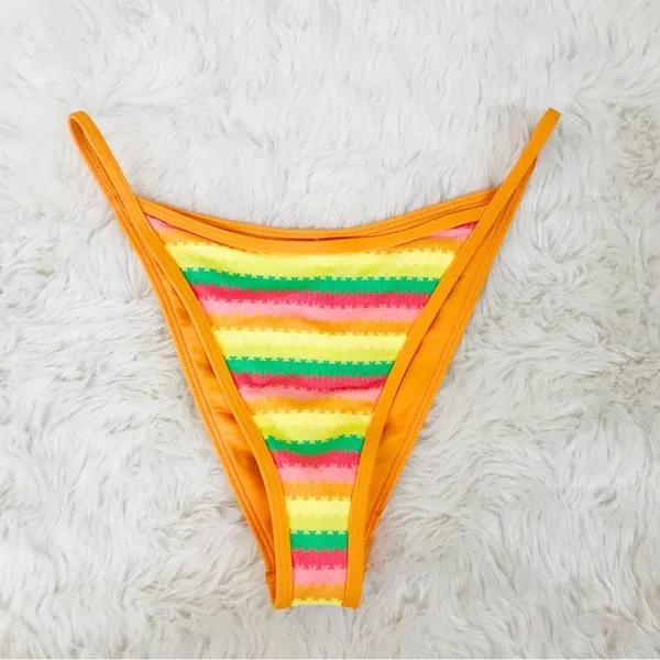 L*SPACE Tommy Rainbow Stripe‎ String Bikini Bottom Cheeky Orange Size Medium New - Image 2