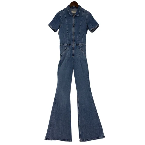 FP We The Free Jayde Flare Denim Jumpsuit Blue Zip Front Retro Romper Size L - Image 2