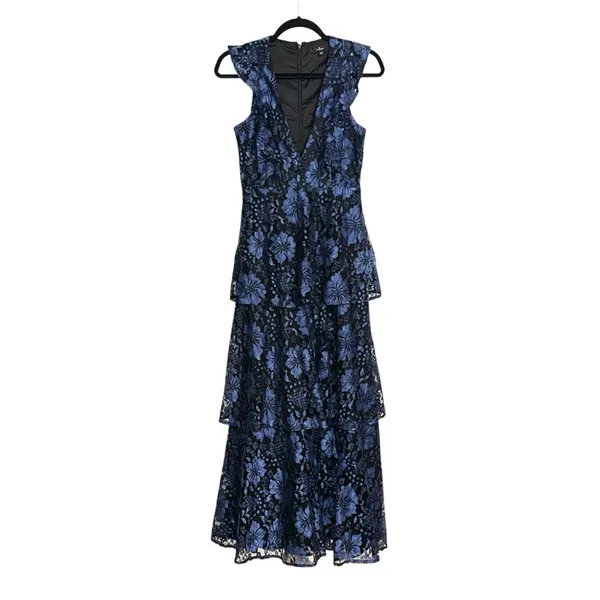 Lulu's Molinetto Black and Blue Floral Lace Tiered Sleeveless Maxi Dress XS - Image 3