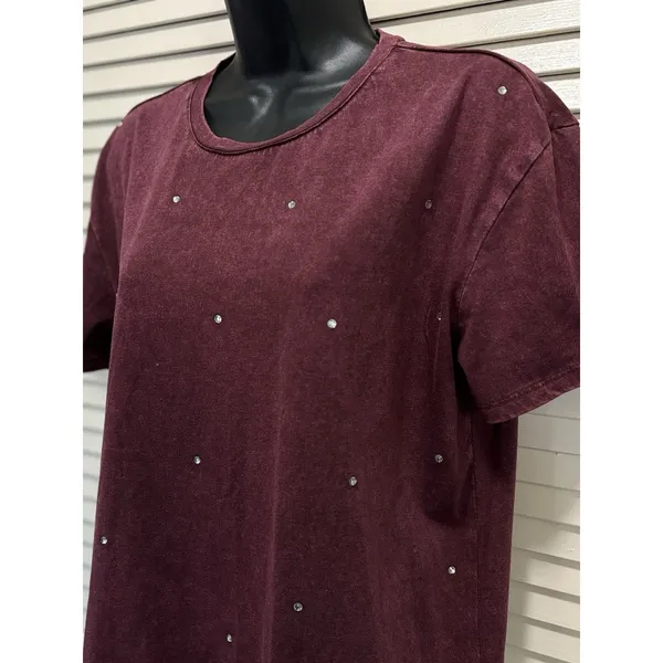Edgely Burgundy‎ Rhinestone Short Sleeve Crew Neck T-Shirt Size Medium - Image 2