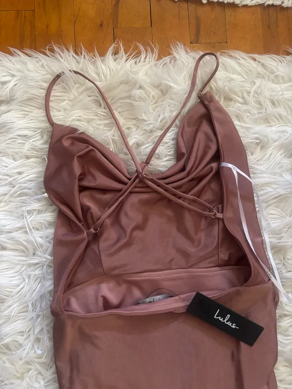 Lulus XS Brown Satin Polyester Cowl Neck Slip Maxi Dress Asym Hem Slit - Image 5