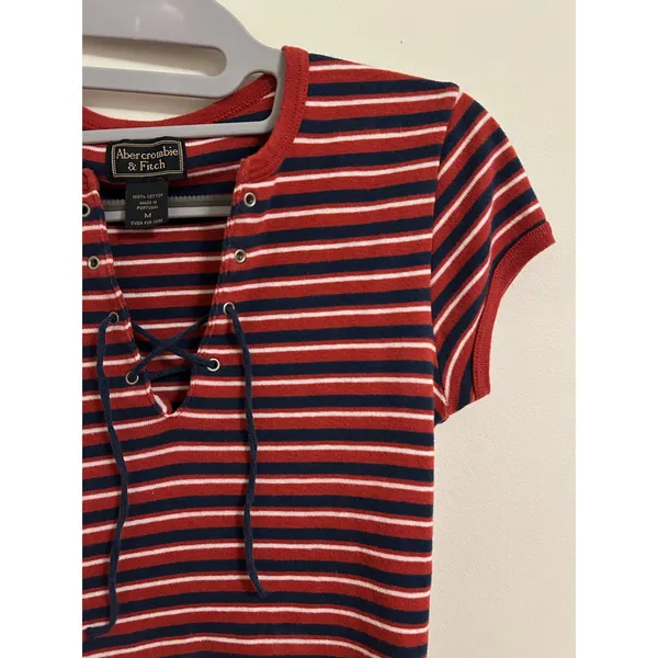 Vintage Y2K Abercrombie & Fitch Lace-Up Striped Baby Tee Rare Medium red blue‎ - Image 3