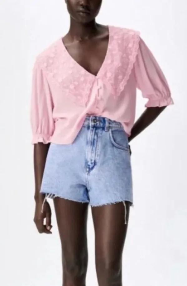 NWT  Light Pink Peter Pan Collared Flowy Crop Top - Image 2