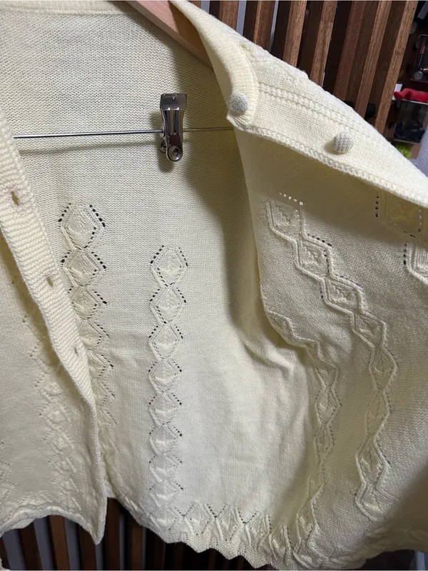 Vintage Handmade Butter Yellow Diamond Pointelle Cardigan Sweater Scalloped Hem - Image 6