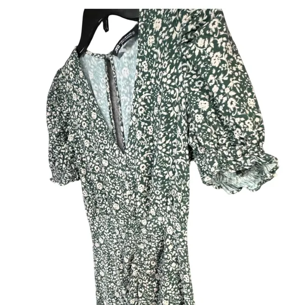 Zara Floral Green‎ Gathered Midi Dress V-Neck Puff Sleeve Cottagecore Prairie XS - Image 3