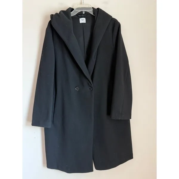 Zara Hooded Top Coat Oversized Womens Med Black Long Sleeve Button Front Ovecoat - Image 2